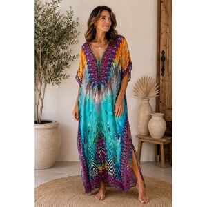 Sakkas Turquoise Purple Bright Viscose Silk Kaftan Maxi Dress OS Tribal Festival